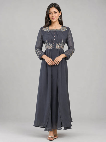 Grey Georgette Embroidered Dress