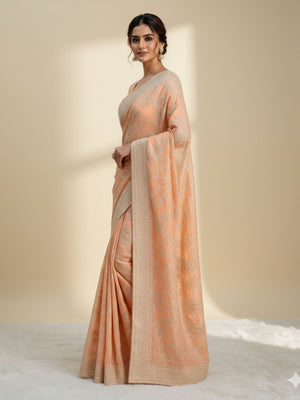 Rajwada Light Orange Organza Embroidered Solid Saree For Women