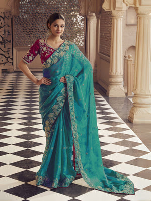 Rajwada Teal Jacquard Embroidered Elegant Saree For Women