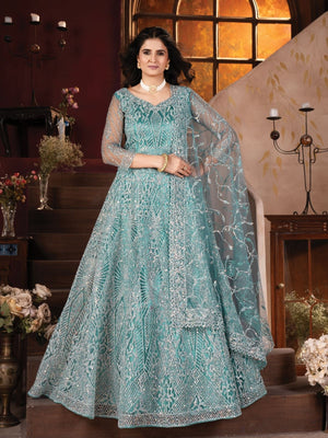 Rajwada Blue Net Embroidered Semi-Stitched lehenga For Women