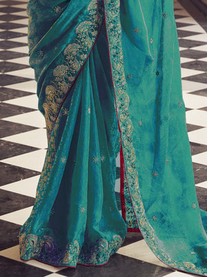 Rajwada Teal Jacquard Embroidered Elegant Saree For Women