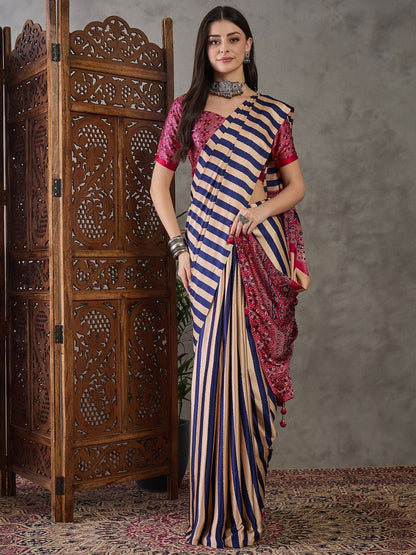 Rajwada Purple And Cream Silk Blend Printed Elegant Saree For Women