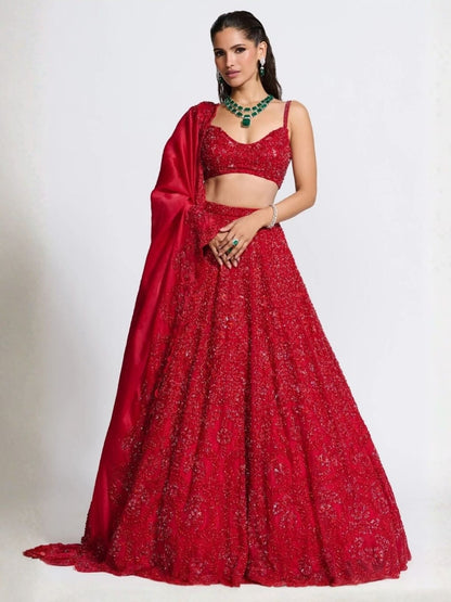 Rajwada Red Silk Blend Embellished Semi Stitched Lehenga For Women