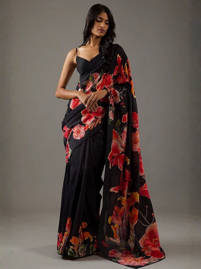 Rajwada Black Georgette Floral Print Saree For Women