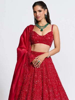 Rajwada Red Silk Blend Embellished Semi Stitched Lehenga For Women