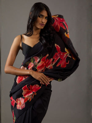 Rajwada Black Georgette Floral Print Saree For Women