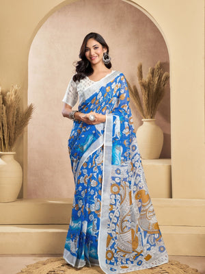 Rajwada Sky Blue Cotton Linen Zari Work Saree For Women