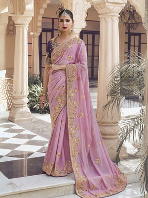 Rajwada Lavender Georgette Embroidered Elegant Saree For Women