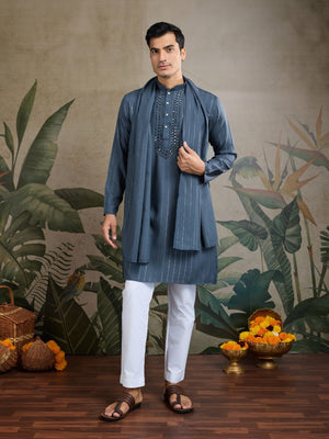 Rajwada Grey Viscose Rayon Embellished Stitched Kurta For Men