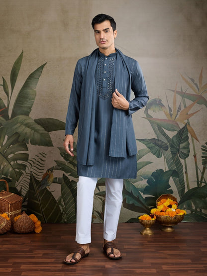 Rajwada Grey Viscose Rayon Embellished Stitched Kurta For Men