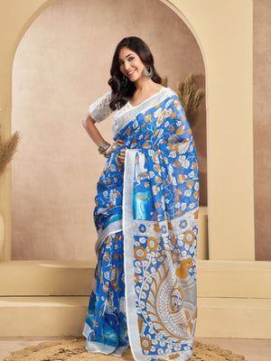 Rajwada Sky Blue Cotton Linen Zari Work Saree For Women