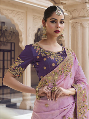 Rajwada Lavender Georgette Embroidered Elegant Saree For Women