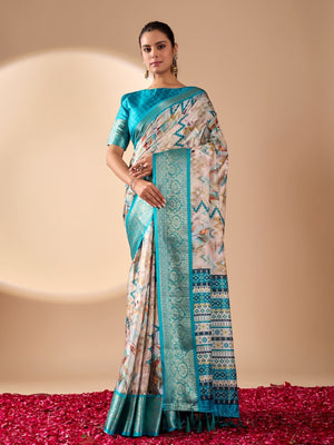 Rajwada Sea Green Silk Blend Printed Saree For Women