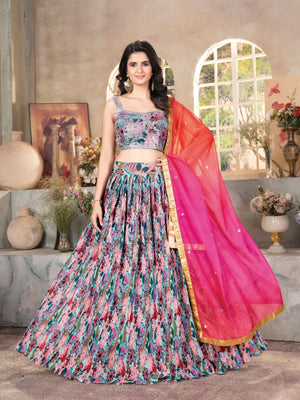 Rajwada Multicolor Organza Printed Semi-Stitched lehenga For Women