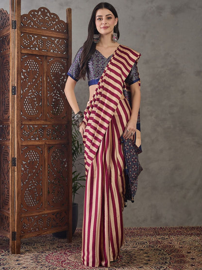 Rajwada Cream And Maroon Silk Blend Printed Elegant Saree For Women