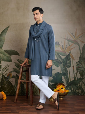 Rajwada Grey Viscose Rayon Embellished Stitched Kurta For Men