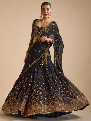 Rajwada Black Georgette Embellished Semi Stitched Lehenga For Women