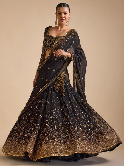 Rajwada Black Georgette Embellished Semi Stitched Lehenga For Women