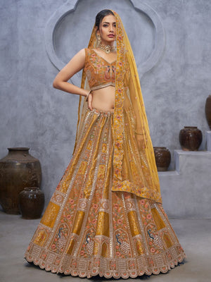 Rajwada Mustard Organza Embellished Semi-Stitched Lehenga With Unstitched Blouse For Women