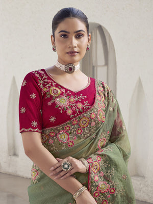 Rajwada Olive Embroidered Organza Saree With Unstitched Blouse For Women