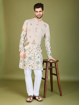 Rajwada Ivory Viscose Rayon Stitched Kurta For Men