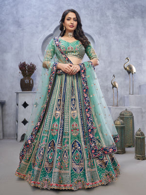 Rajwada Green Organza Embellished Semi-Stitched Lehenga With Unstitched Blouse For Women