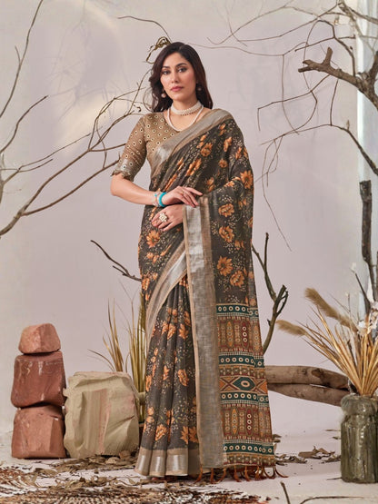 Rajwada Multicolor Linen Cotton Printed Saree For Women