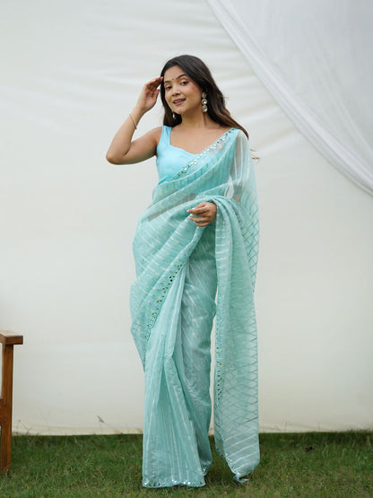 Rajwada Light Blue Organza Mirror Work Saree With Unstitched Blouse For Women