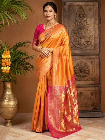Rajwada Orange Silk Blend Woven Pithani Saree For Women