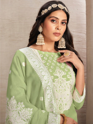Rajwada Green Organza Embroidered Semi-Stitched Kurta Set For Women