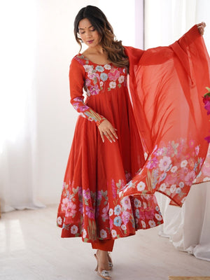 Rajwada Orange Georgette Printed Stitched Kurta Set For Women