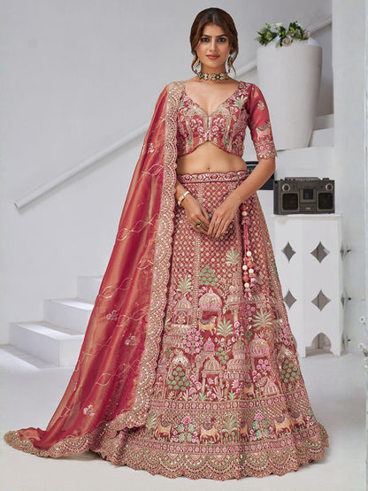Rajwada Dark Peach Organza Tissue Embroidered Semi-Stitched Lehenga For Women