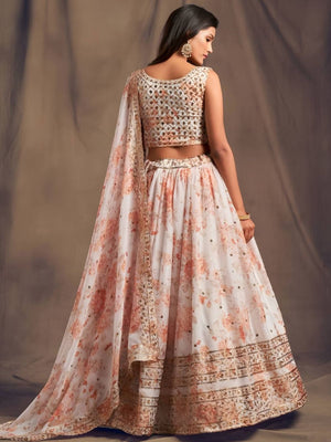 Rajwada White Organza Printed And Embriodered Semi-Stitched Lehenga For Women