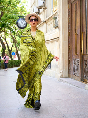 Rajwada Green Satin Printed Saree With Unstitched Blouse For Women