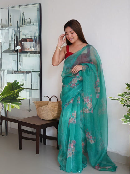 Rajwada Green Organza Printed Saree With Unstitched Blouse For Women