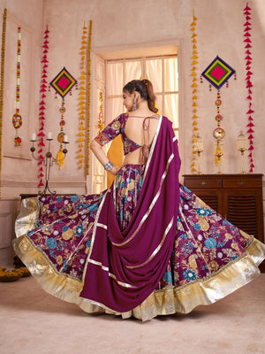 Rajwada Purple Cotton Blend Embroidered  Semi-Stitched Lehenga For Women