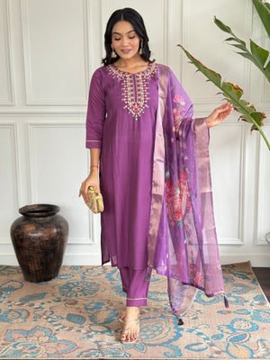 Rajwada Purple Viscose chanderi Embroidered Stitched Kurta Set For Women