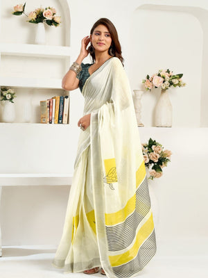 Rajwada White Cotton Linen Zari Work Saree For Women