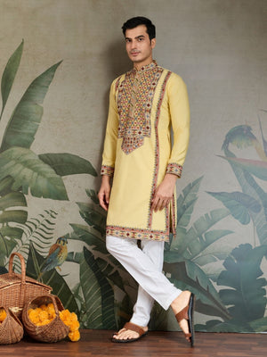 Rajwada Yellow Viscose Silk Embroidered Stitched Kurta For Men
