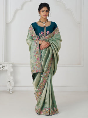 Rajwada Light Green Viscose Silk Embroidered Saree For Women