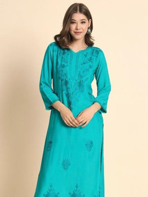 Rajwada Turquoise Rayon Embroidered Kurti For Women