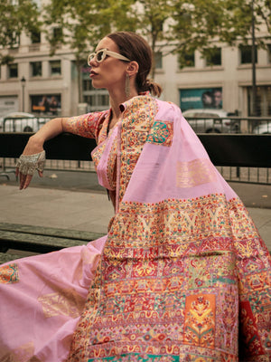 Rajwada Pink Modal Woven Saree With Unstitched Blouse For Women