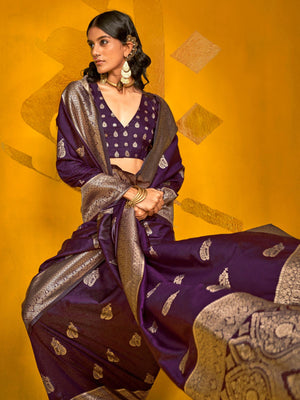 Rajwada Purple Silk Blend Woven Saree With Unstitched Blouse For Women
