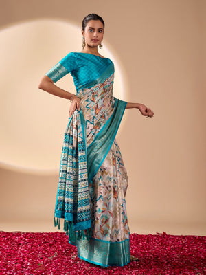 Rajwada Sea Green Silk Blend Printed Saree For Women