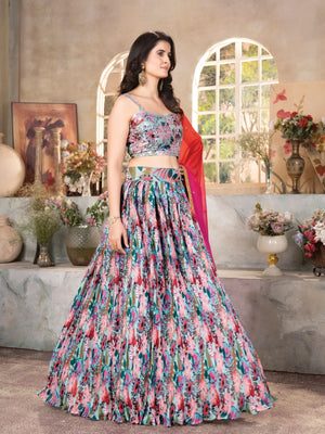 Rajwada Multicolor Organza Printed Semi-Stitched lehenga For Women