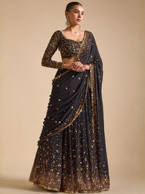 Rajwada Black Georgette Embellished Semi Stitched Lehenga For Women