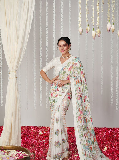 Rajwada White Georgette Printed Saree For Women