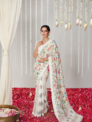 Rajwada White Georgette Printed Saree For Women