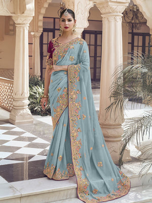 Rajwada Sea Green Georgette Embroidered Elegant Saree For Women