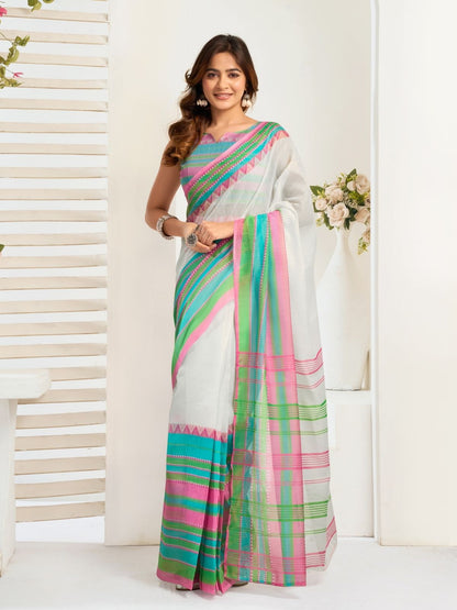 Rajwada Multicolour Cotton Linen Zari Work Saree For Women